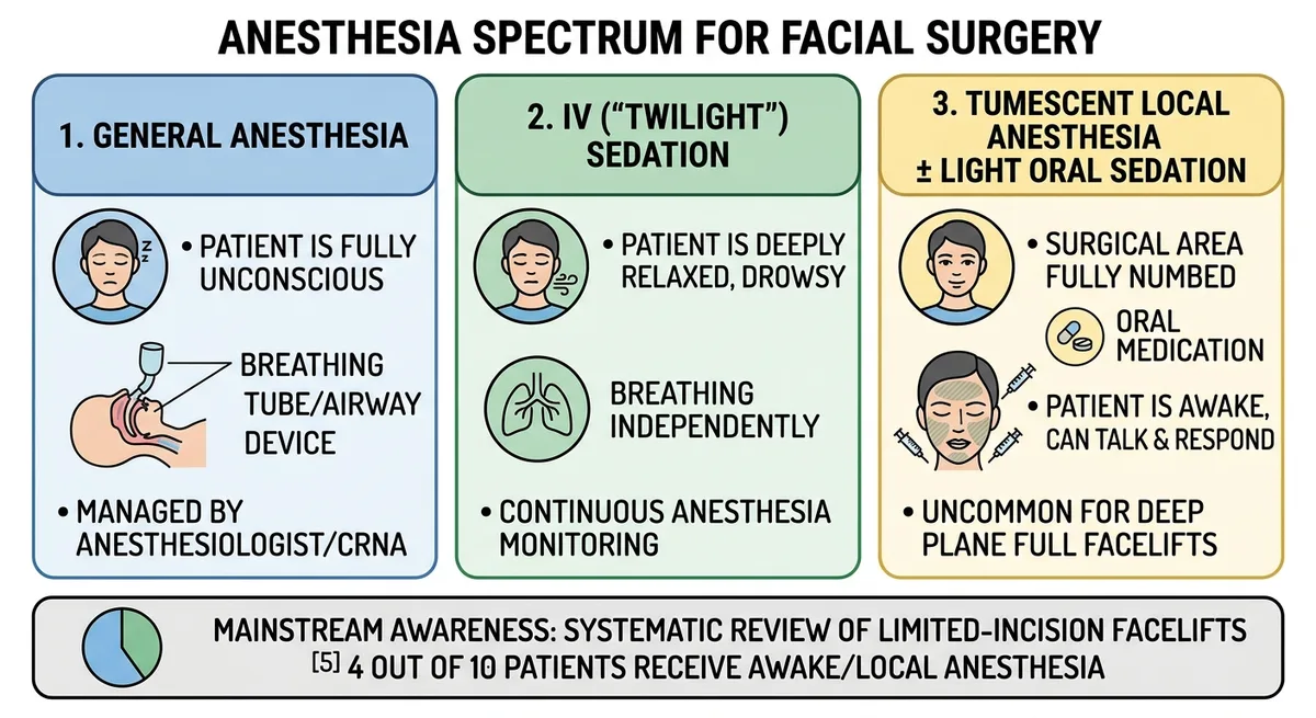 Anesthesia spectrum for facial surgery: general anesthesia, IV twilight sedation, and awake tumescent local anesthesia